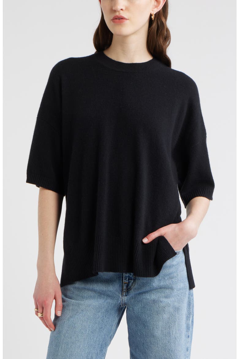 Relaxed Short Sleeve Cashmere Sweater, Main, color, BLACK ROCK