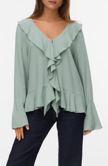 Vero Moda Merry Ruffle Frill Top In Green