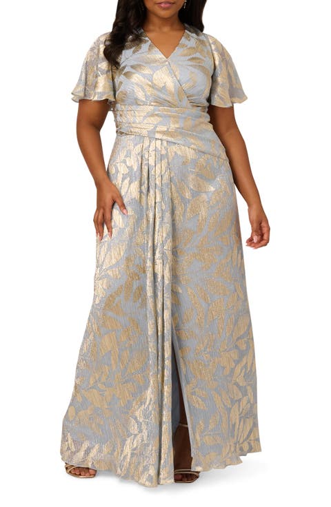 Metallic Leaf Jacquard Draped Gown (Plus)