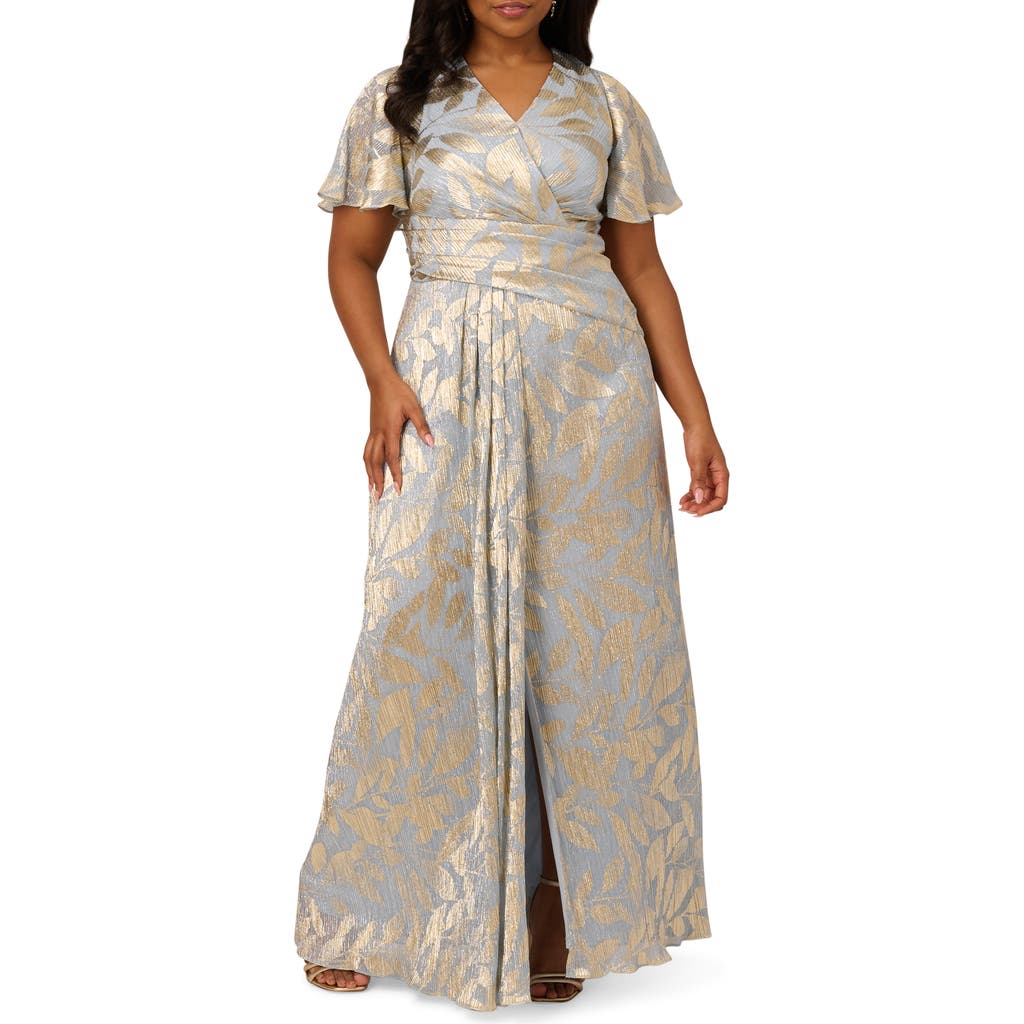 ADRIANNA PAPELL ADRIANNA PAPELL METALLIC LEAF JACQUARD DRAPED GOWN