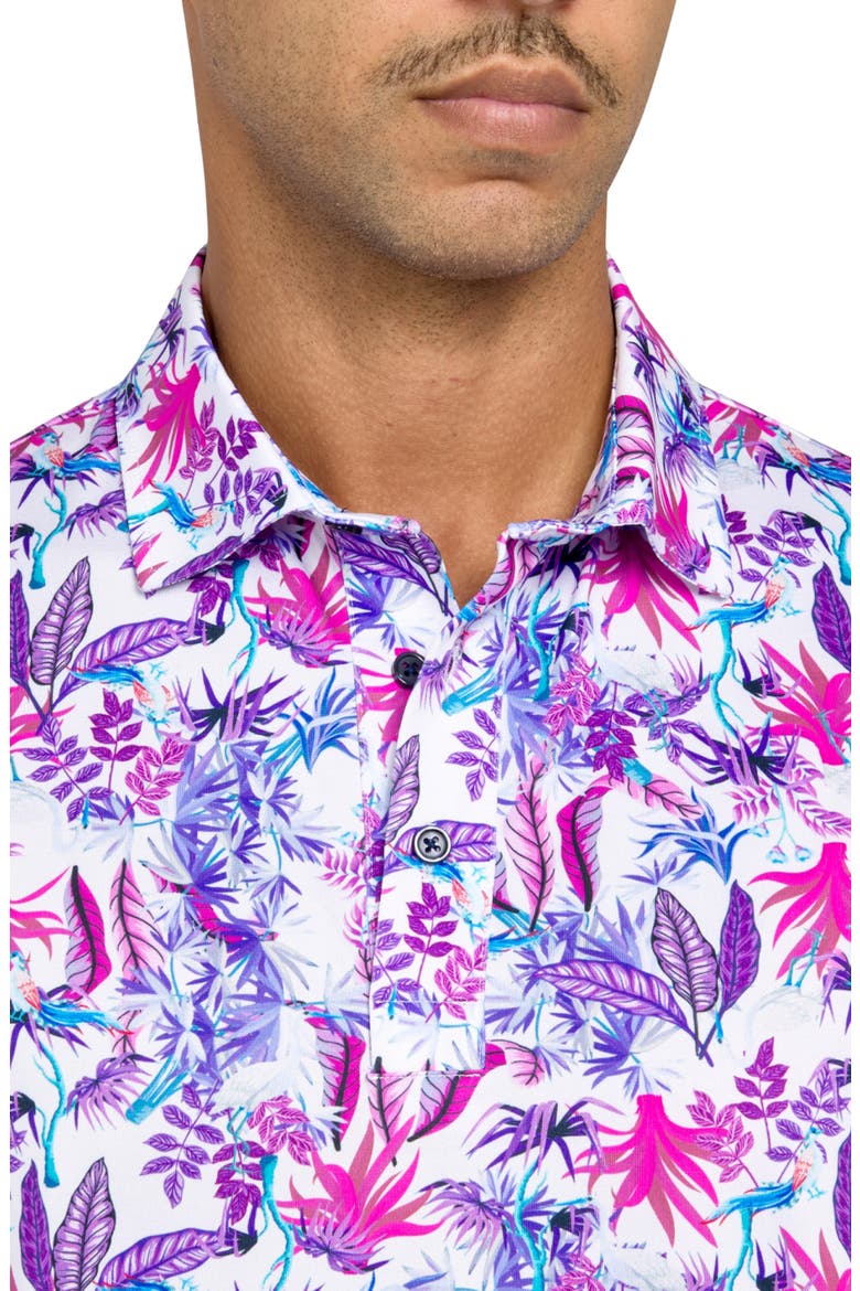 Regular Fit Exotic Bird Print Recycled Performance Golf Polo, Alternate, color, WHITE/PURPLE