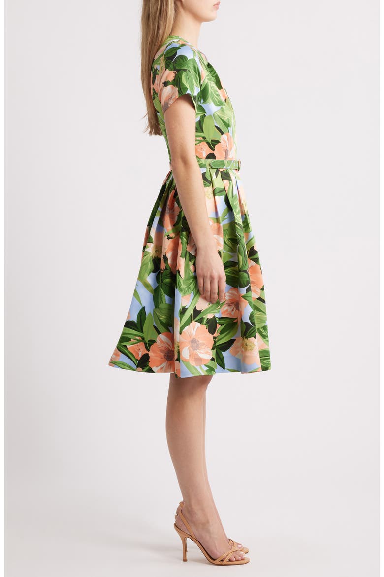 Pleat Neck Belted Fit & Flare Dress, Alternate, color, PEACH MAGNOLIA