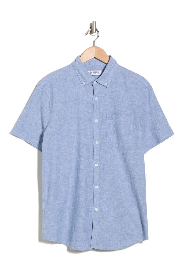 Stretch Linen Blend Short Sleeve Shirt, Alternate, color, COPEN BLUE