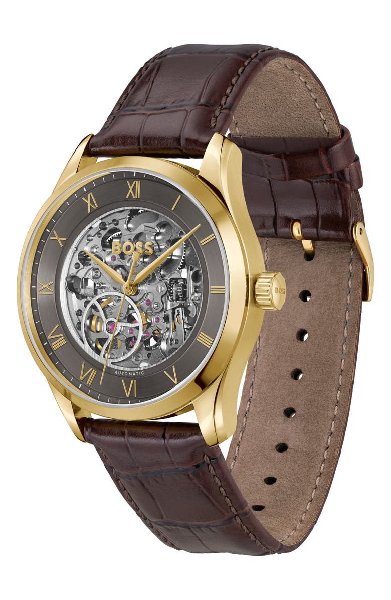 BOSS Principle Skeleton Automatic Leather Strap Watch, 41mm, Alternate, color, 