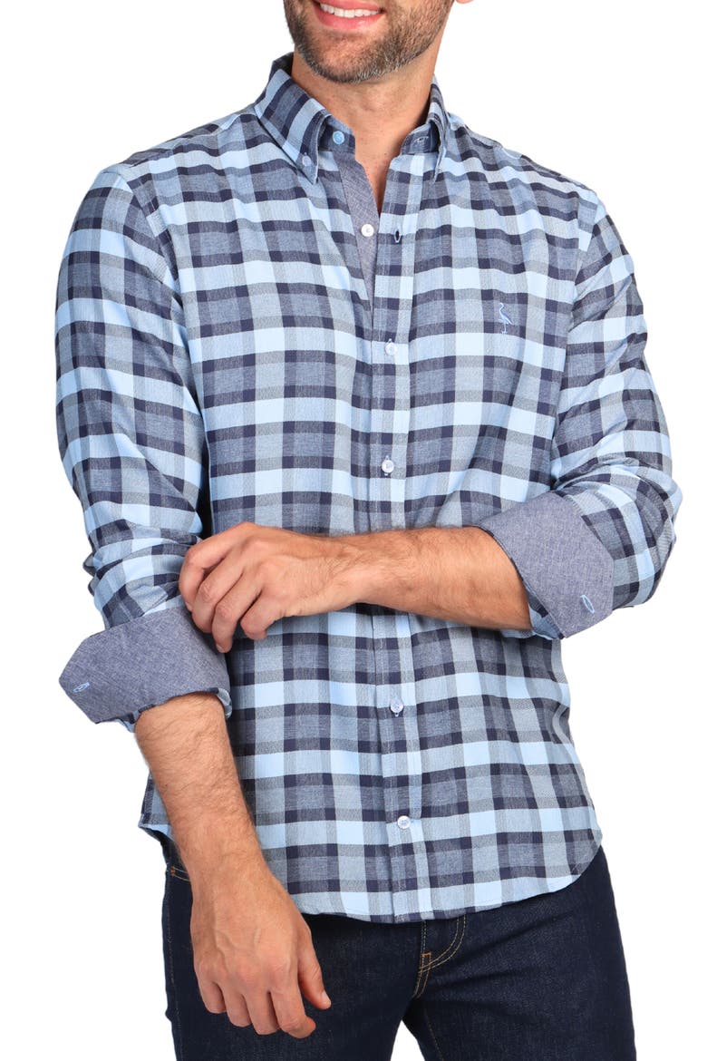 Modern Fit Melange Plaid Performance Button-Down Shirt, Alternate, color, BLUE