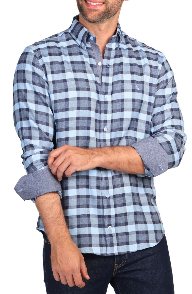 TailorByrd Modern Fit Melange Plaid Performance Button-Down Shirt, Alternate, color, Blue