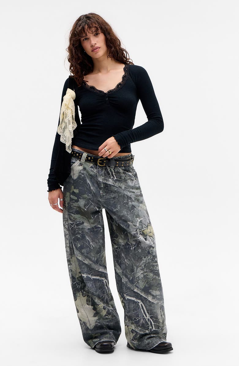 BDG Urban Outfitters Diana Lace Trim Crop Rib Knit Henley, Alternate, color, Black