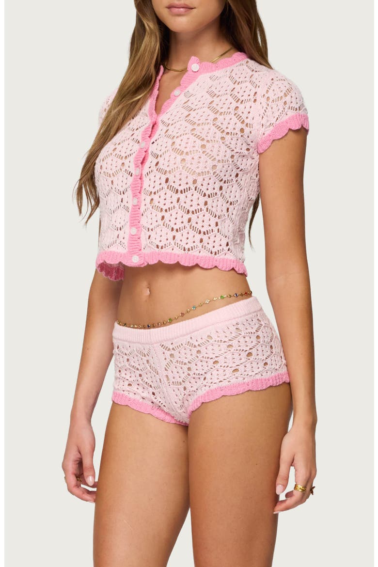 Elisa Open Knit Short Sleeve Cotton Crop Cardigan, Alternate, color, LIGHT-PINK