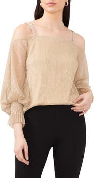 Chaus Rhinestone Cold Shoulder Metallic Blouse