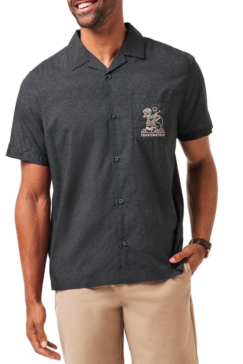 Lost Cave Short Sleeve Button-Up Shirt, Main, color, HEATHER BLACK