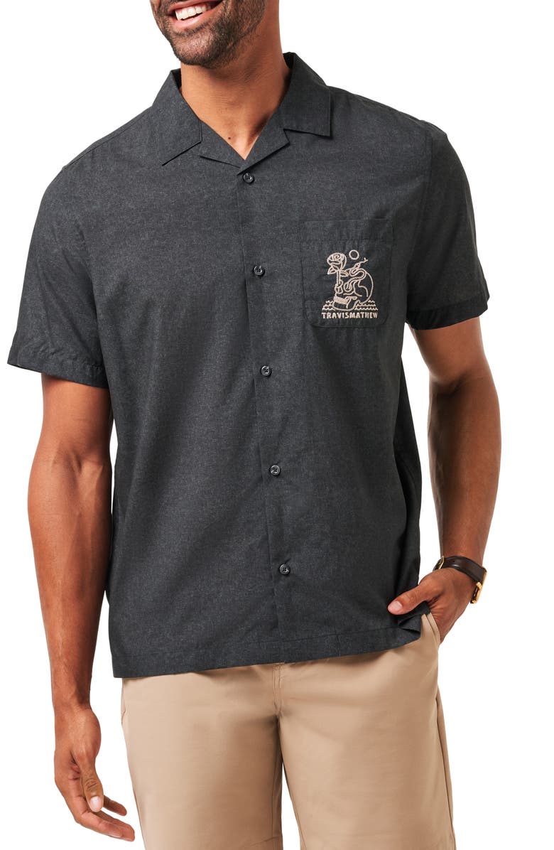 TravisMathew Lost Cave Short Sleeve Button-Up Shirt, Main, color, Heather Black