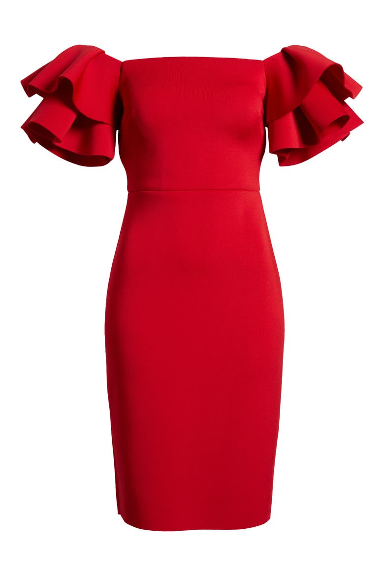 Ruffled Off-the-Shoulder Cocktail Dress, Alternate, color, CHERRY
