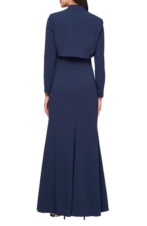 Alex Evenings Floral Appliqué Stretch Crepe Gown With Bolero Jacket In Navy