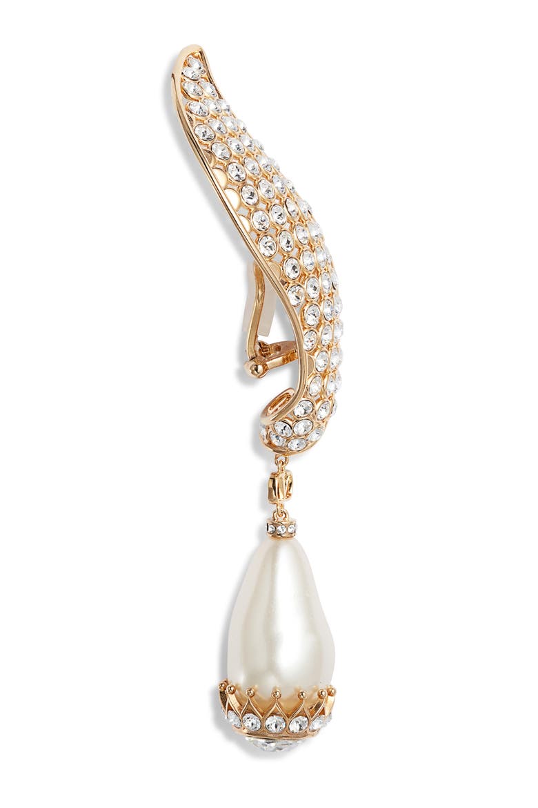 Poetiques des Gouttes Faux Pearl & Swarovski Crystal Drop Clip-On Earrings, Alternate, color, ORO/NERO/CRYSTAL/CREAM