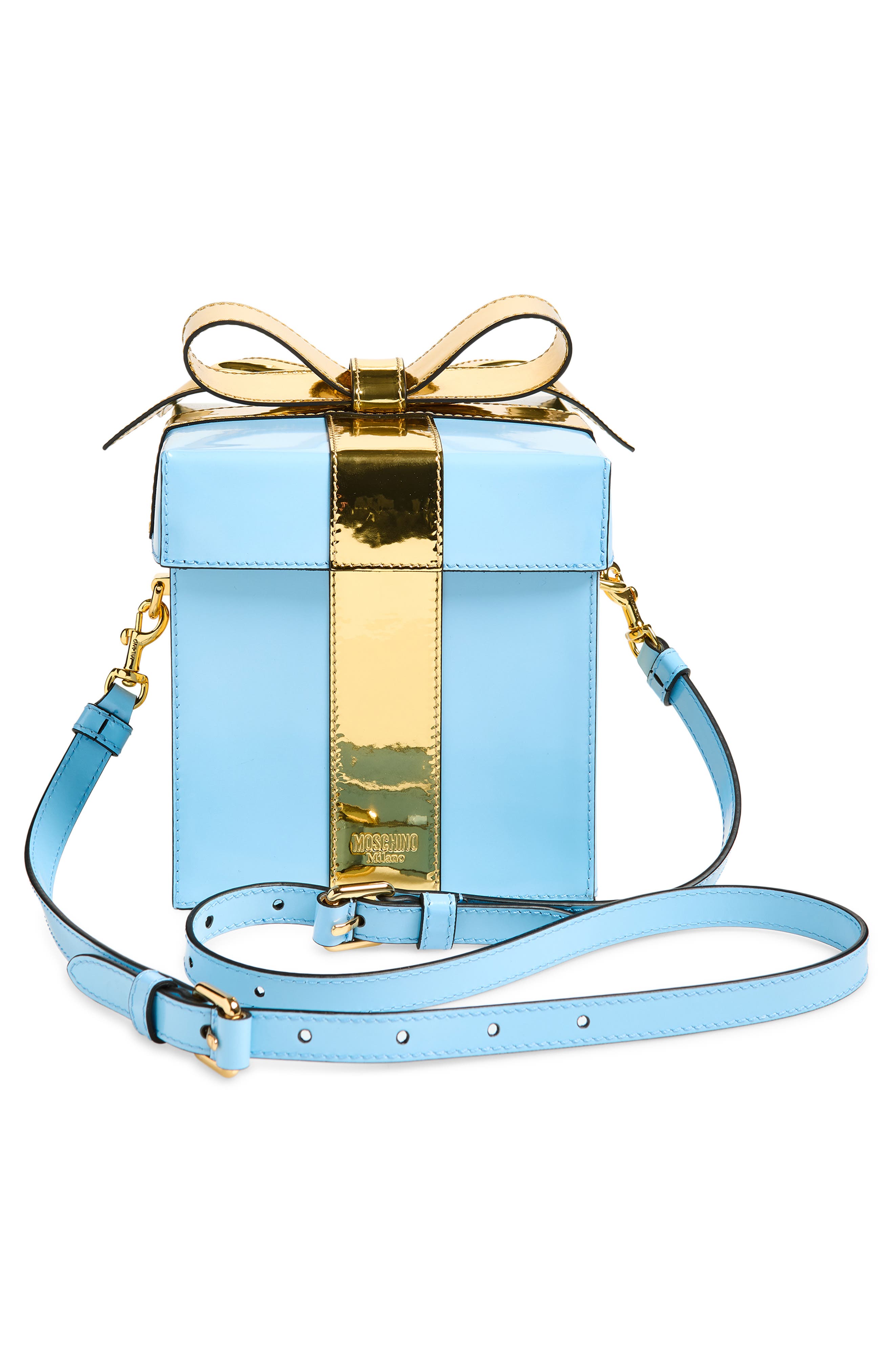 Moschino Gift Box Bag Leather Clutch, Alternate, color, Blue