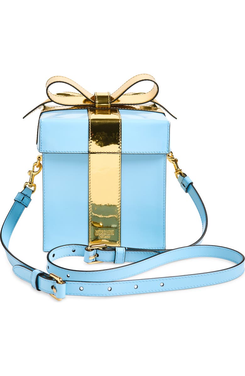 Moschino Gift Box Bag Leather Clutch, Alternate, color, Blue