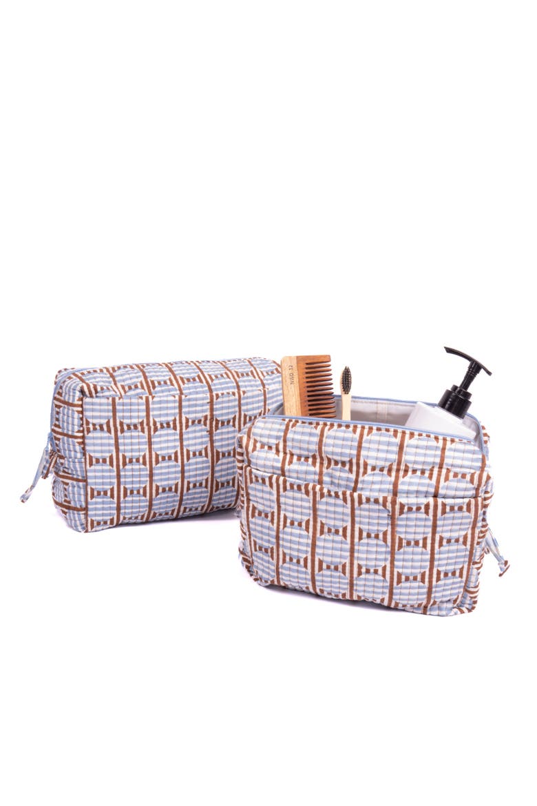 Striped Circles Blockprint Travel Pouch in and Blue, Alternate, color, Brown
