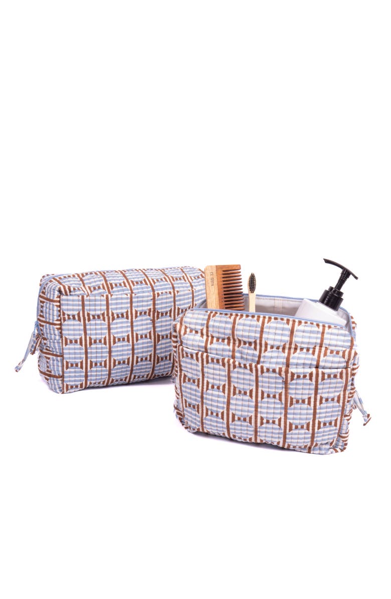 Inner Child Striped Circles Blockprint Travel Pouch in and Blue, Alternate, color, Brown