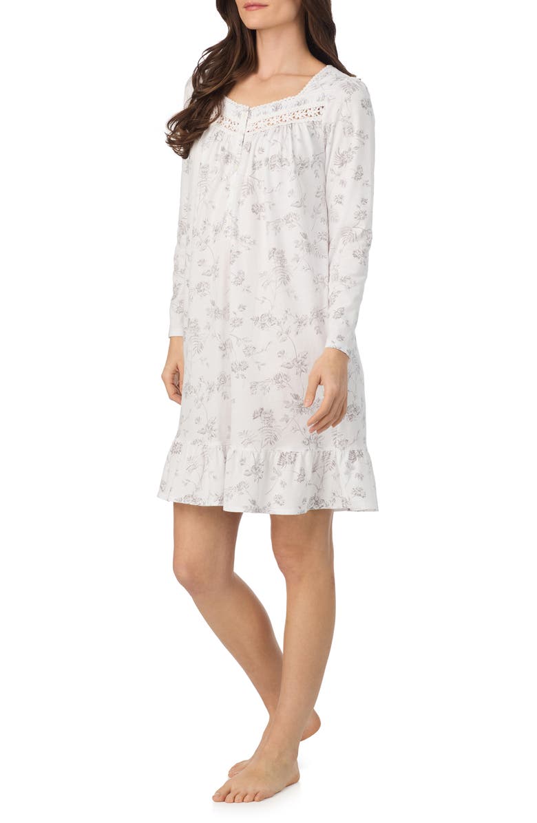 Eileen West Long Sleeve Short Cotton Nightgown, Alternate, color, White/ Grey
