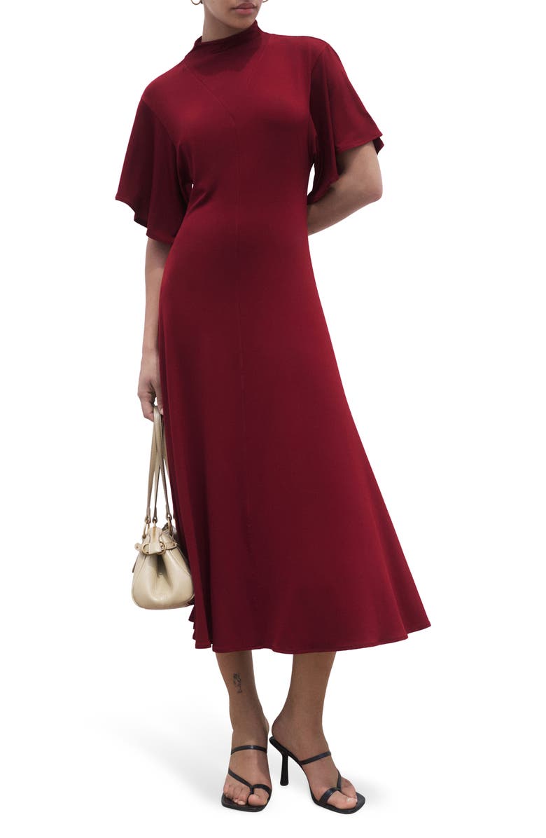 MANGO Bell Sleeve Midi Dress, Main, color, Burgundy