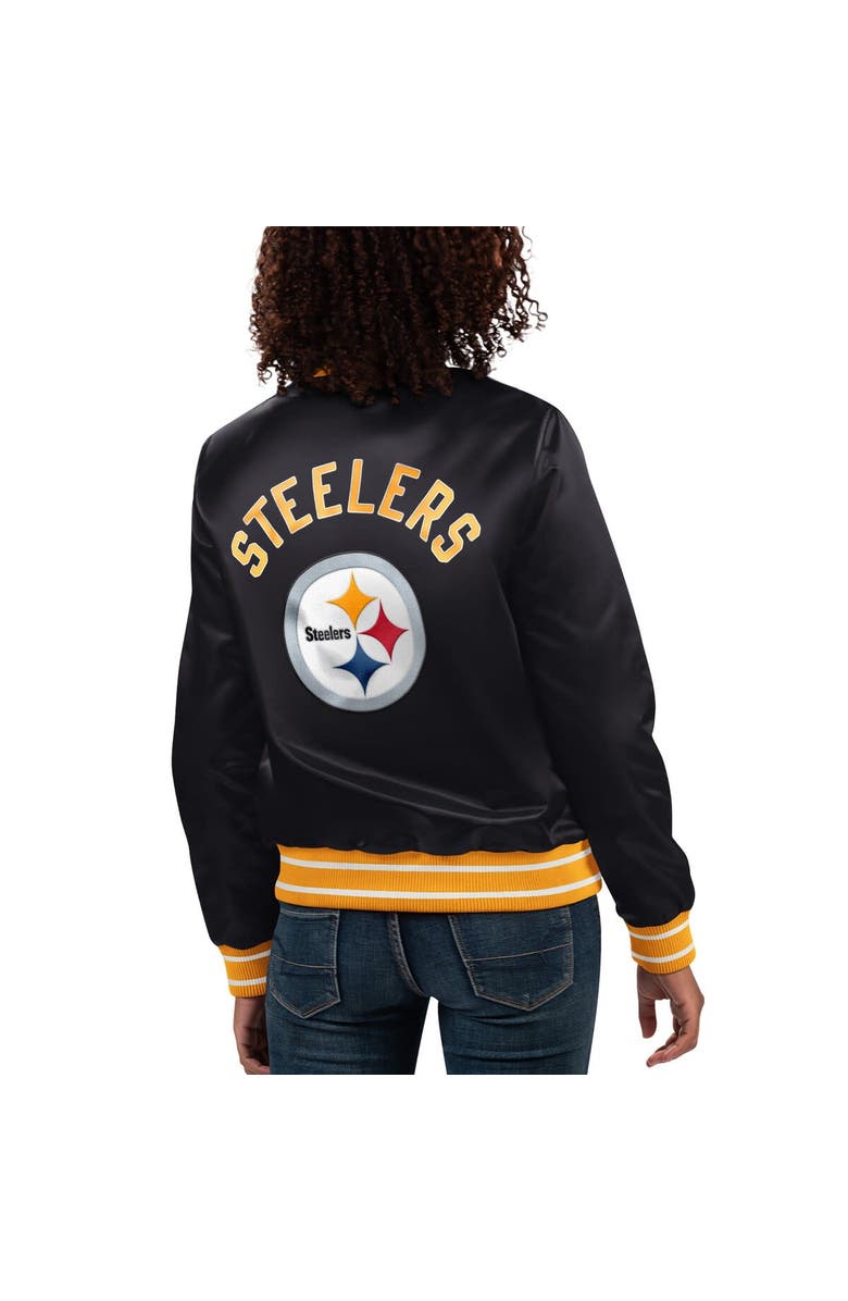 STARTER Women's Starter Black Pittsburgh Steelers Full Count Satin Full-Snap Varsity Jacket, Alternate, color,