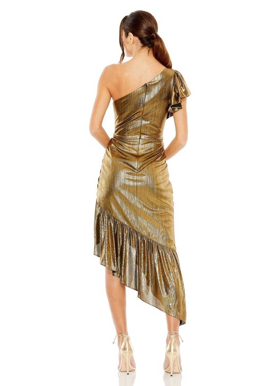 Mac Duggal One Shoulder Flutter Sleeve High Low Dress In Antique Gold