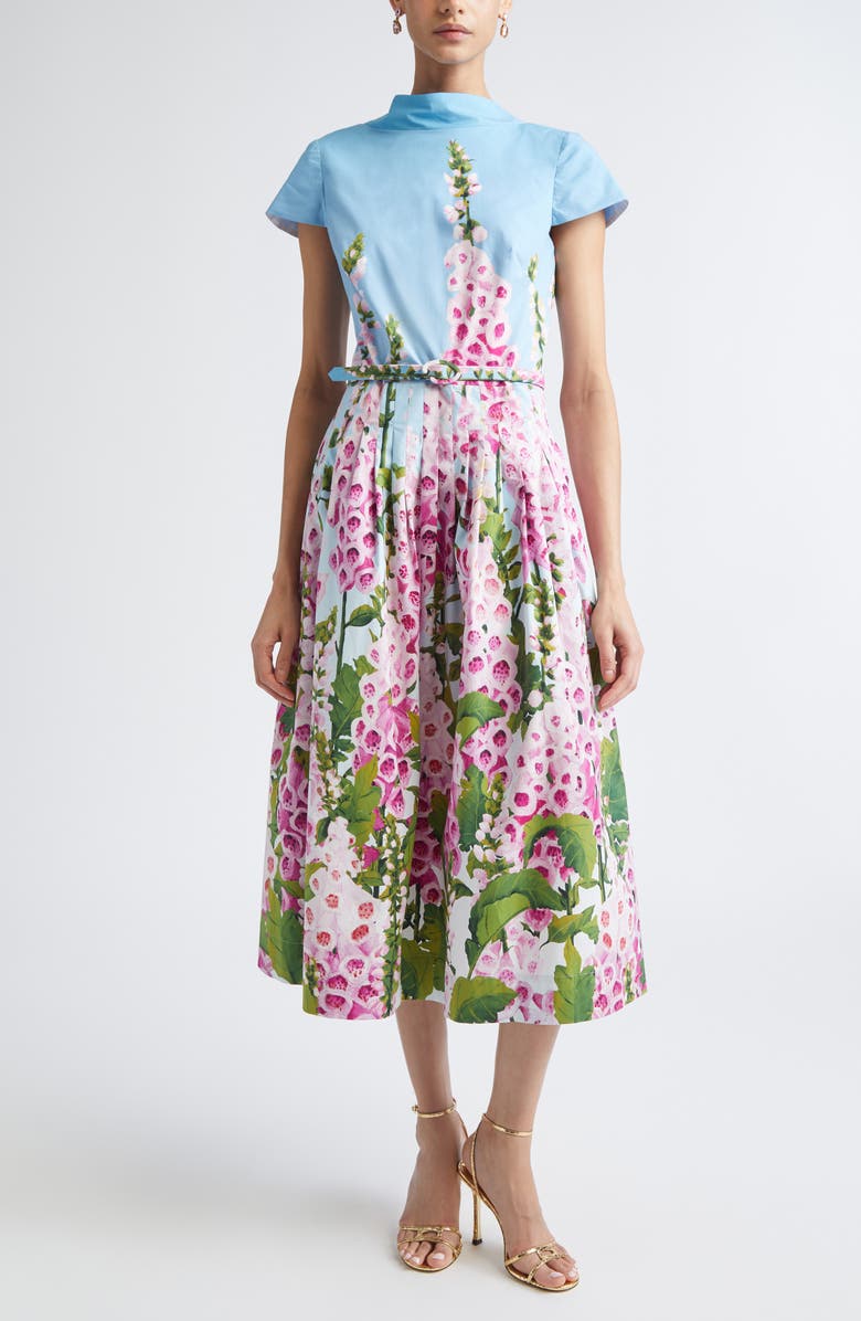 Oscar de la Renta Foxglove Stretch Poplin Fit & Flare Dress, Main, color, Lilac/ Sky