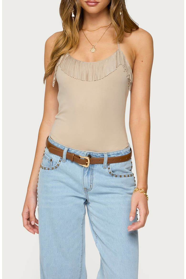 Colbie Faux Suede Fringe Trim Bodysuit, Main, color, BEIGE