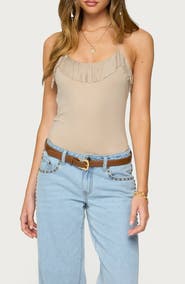 EDIKTED Colbie Faux Suede Fringe Trim Bodysuit