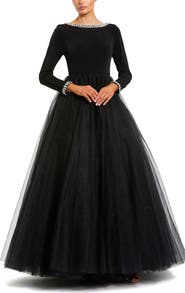 Mac Duggal Embellished Jersey Long Sleeve Ballgown With Tulle Skirt