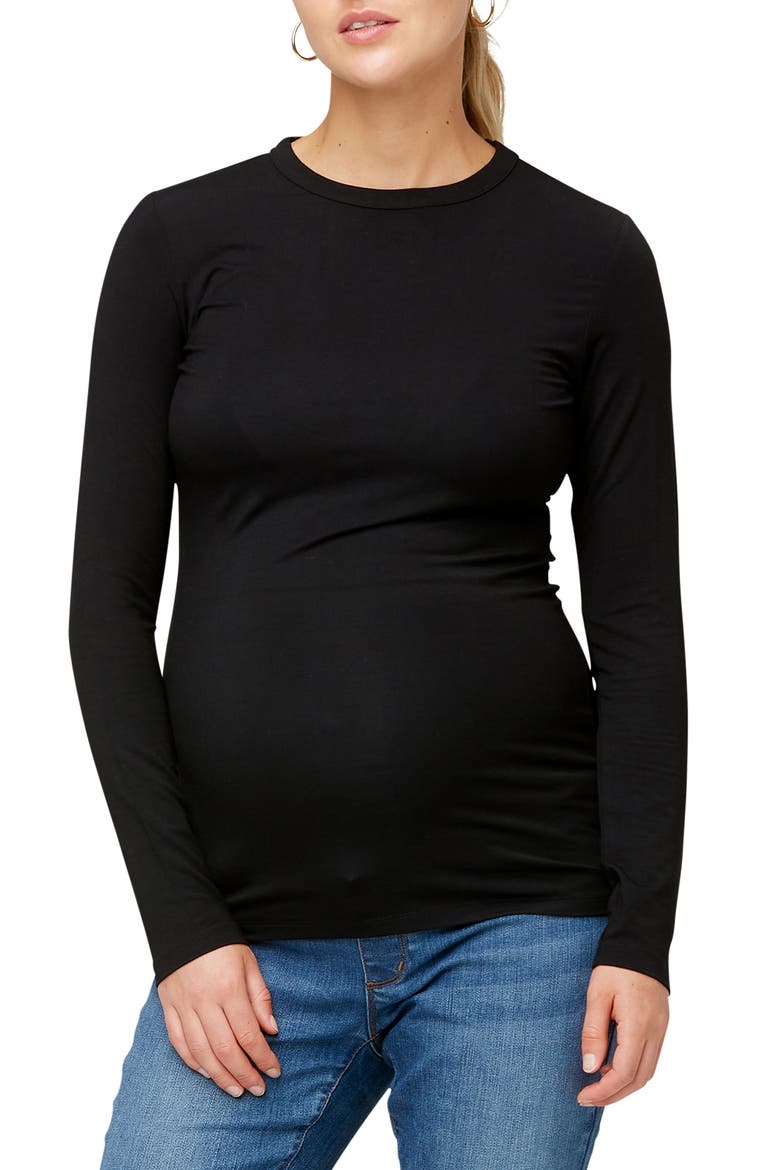 Liv Long Sleeve Sculpting Maternity Crew Neck Tee, Main, color, BLACK