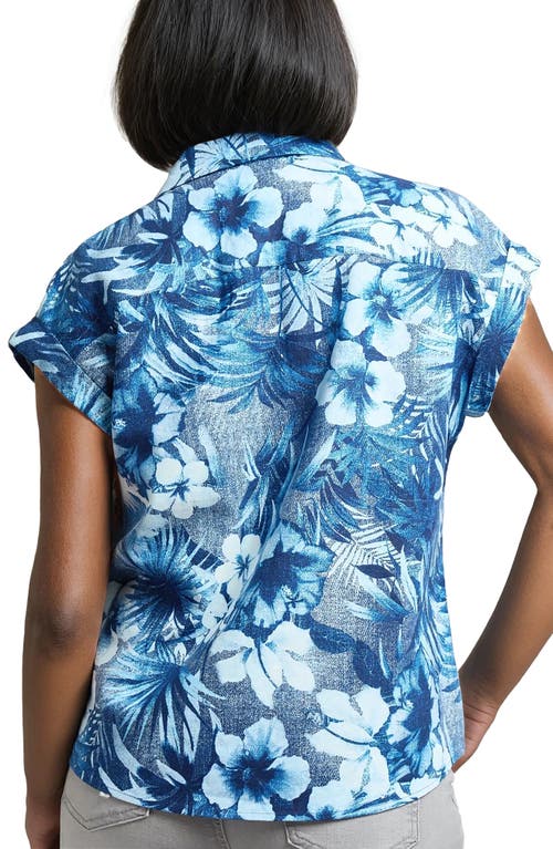 Jones New York Button Detail Linen-blend Blouse In Mystic Blue Multi