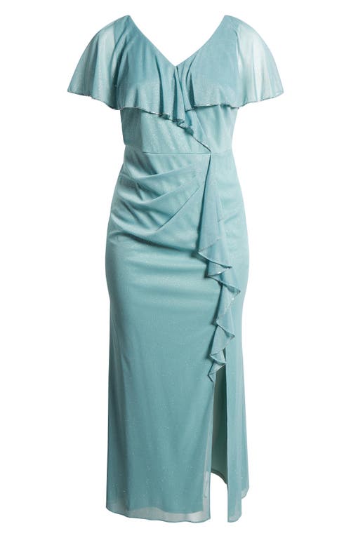 Sl Fashions Beaded Shimmer Capelet Gown In Sea Glass