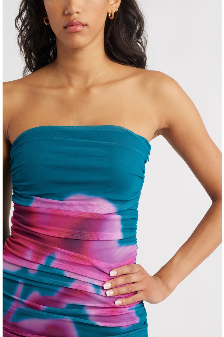 Ruched Strapless Mesh Dress, Alternate, color, TEAL- PINK BLURRY FLORAL