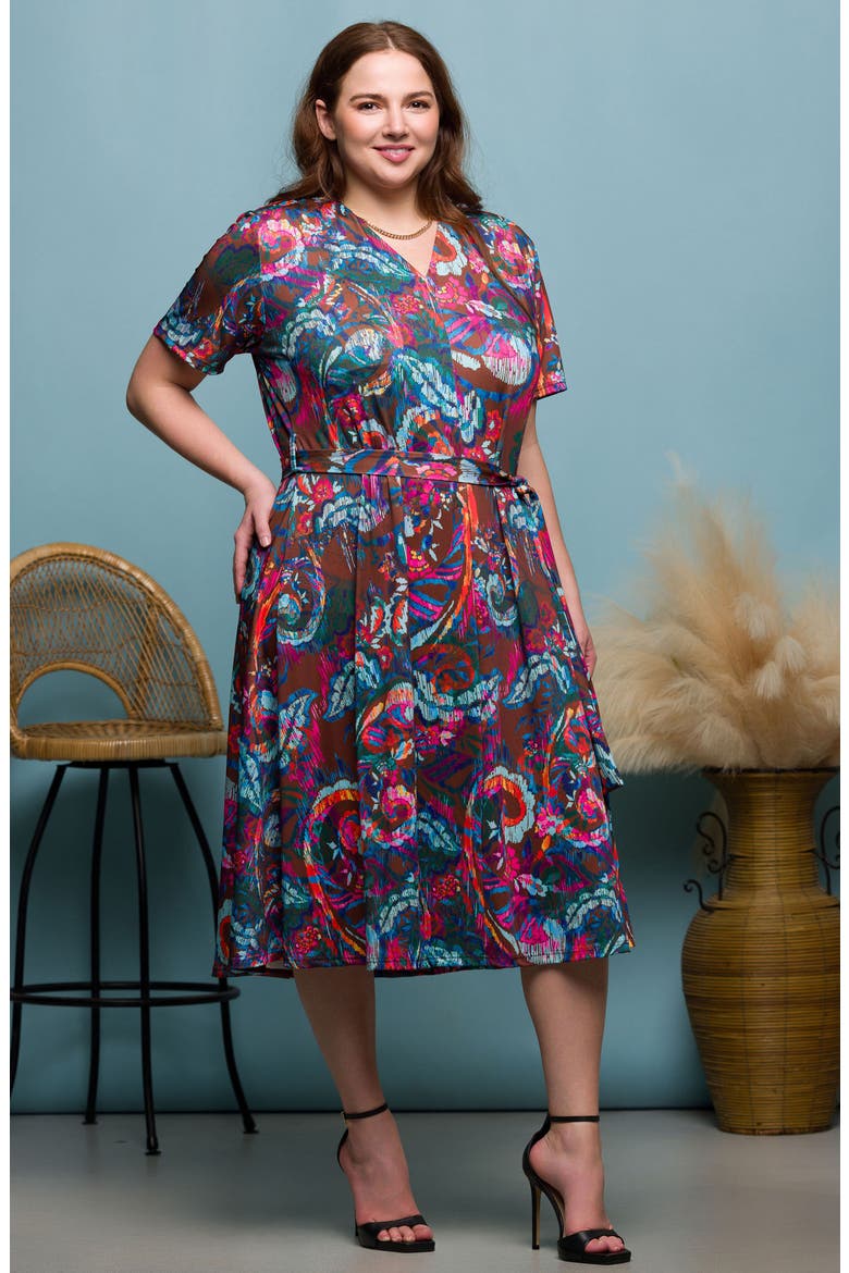 Abstract Floral Tie Waist Knit Midi Dress, Alternate, color, PINK MULTI