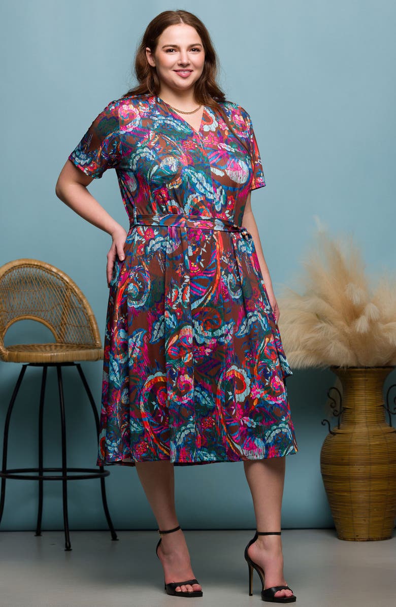 24seven Comfort Apparel Abstract Floral Tie Waist Knit Midi Dress, Alternate, color, Pink Multi