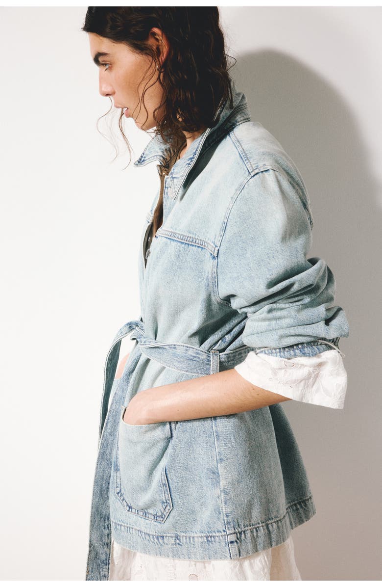 H&M Tie-belt denim jacket, Alternate, color, Light Denim Blue