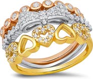 HMY JEWELRY Set of 3 Tri-Tone 18K Gold Plated Simulated Diamond Stackable Rings