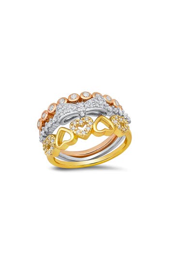 Hmy Jewelry Set Of 3 Tri-tone 18k Gold Plated Simulated Diamond Stackable Rings In Multi