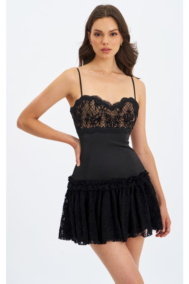 Umra Contrast Lace Sweetheart Gathered Mini Dress, Main, color, Black