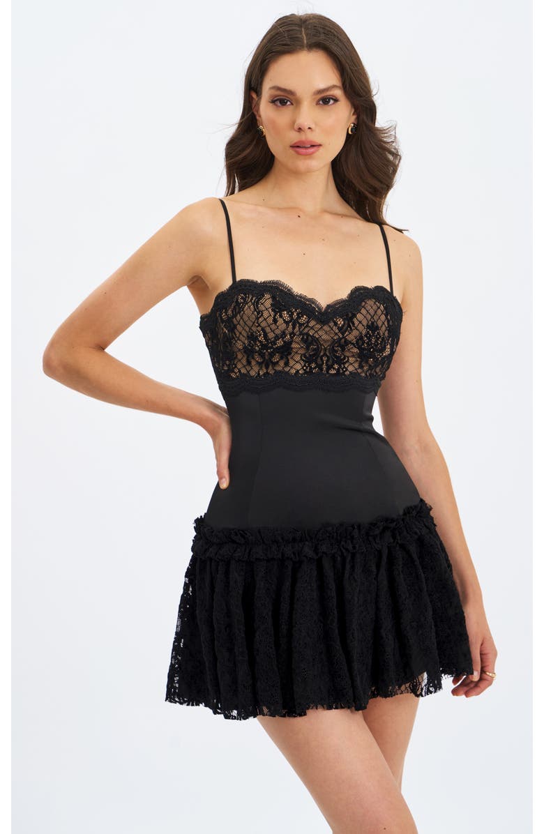 Miss Circle Umra Contrast Lace Sweetheart Gathered Mini Dress, Main, color, Black