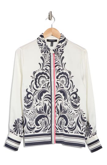 Ellen Tracy Placed Print Long Sleeve Button-up Shirt In Marshmallow Floral