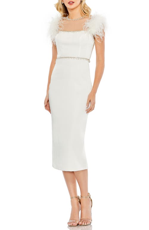 Mac Duggal Feather Cap Sleeve Pearl Embellished Midi Dress In White