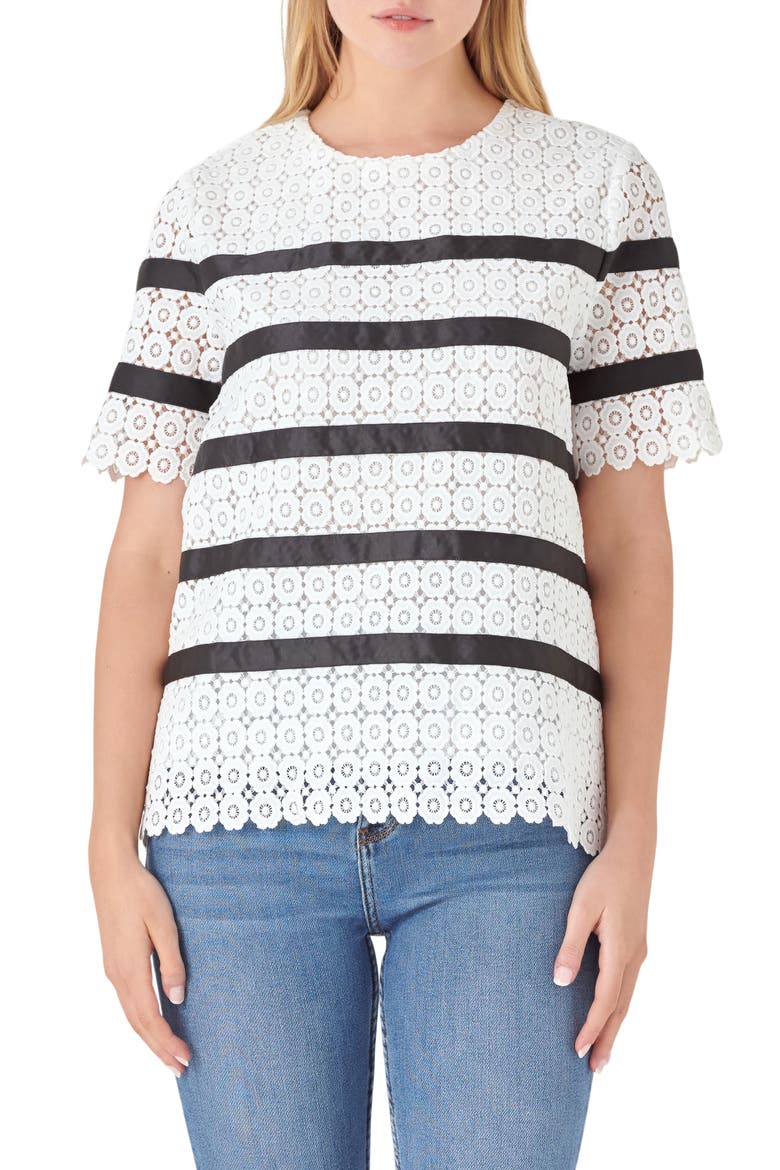 Lace Stripe Top, Main, color, WHITE/BLACK