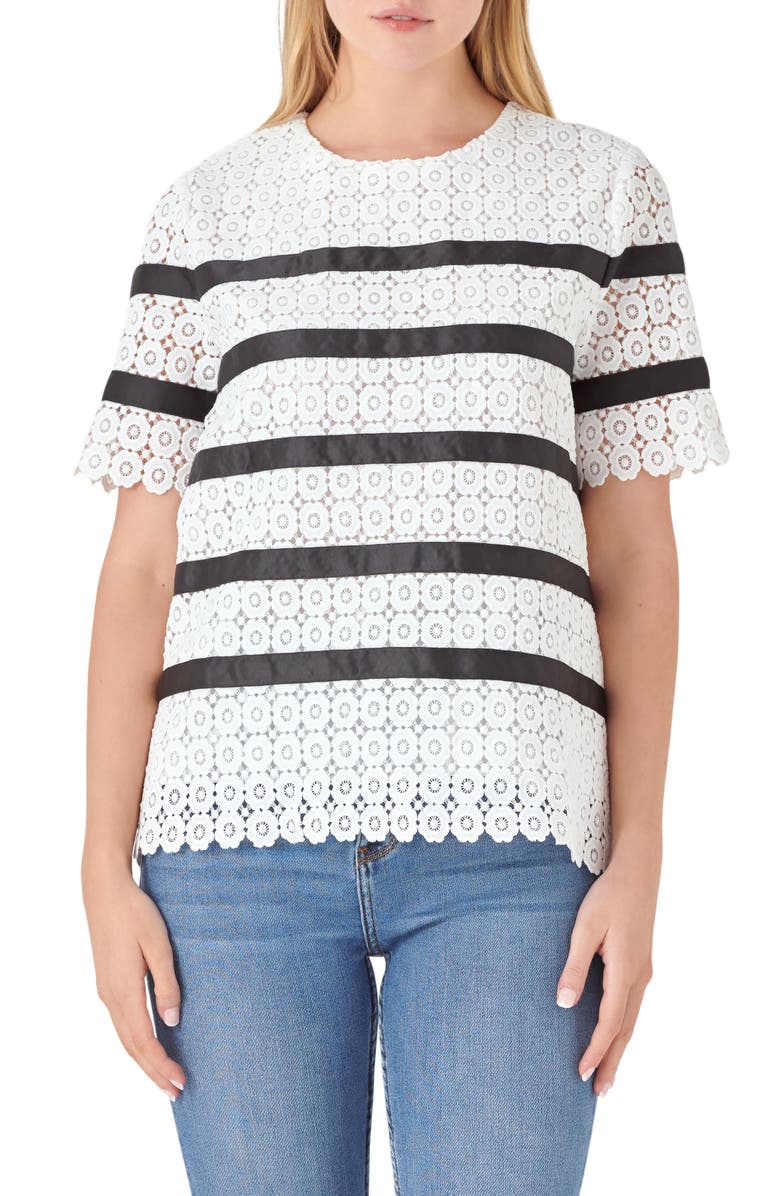 English Factory Lace Stripe Top, Main, color, White/ Black