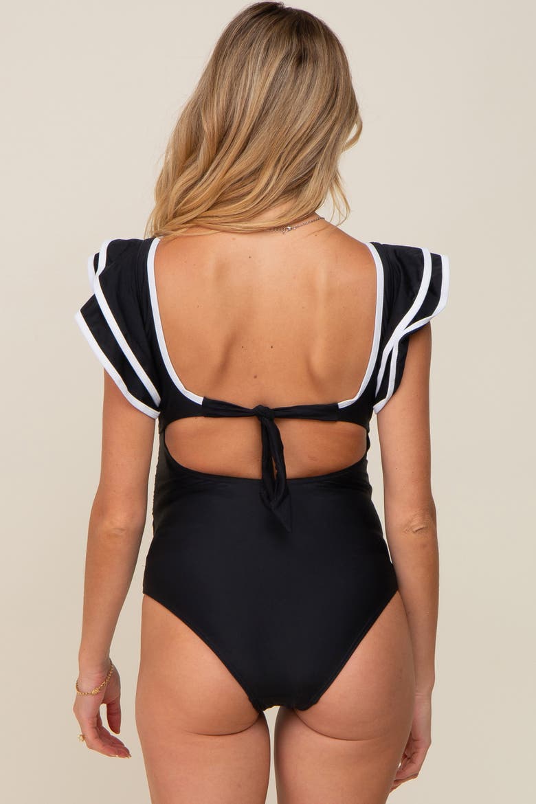 Color Blocked Ruffle Shoulder Cutout Back One Piece Swimsuit, Alternate, color, Black
