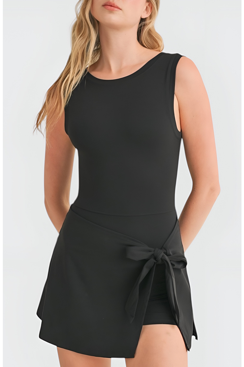 Sleeveless One-Piece Active Dress with Faux Wrap Skirt and Side Tie Detail, Alternate, color, Black