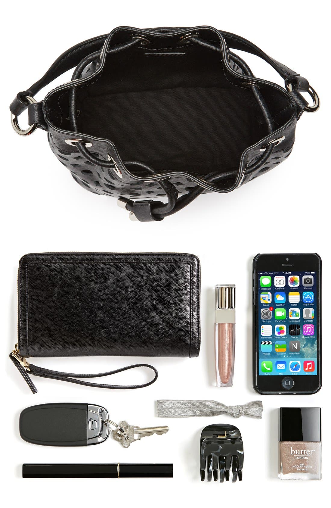 Perforated Leather Bucket Bag, Alternate, color, BLACK