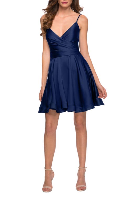 La Femme Satin Homecoming Dress With Cut Out Corset Style Back