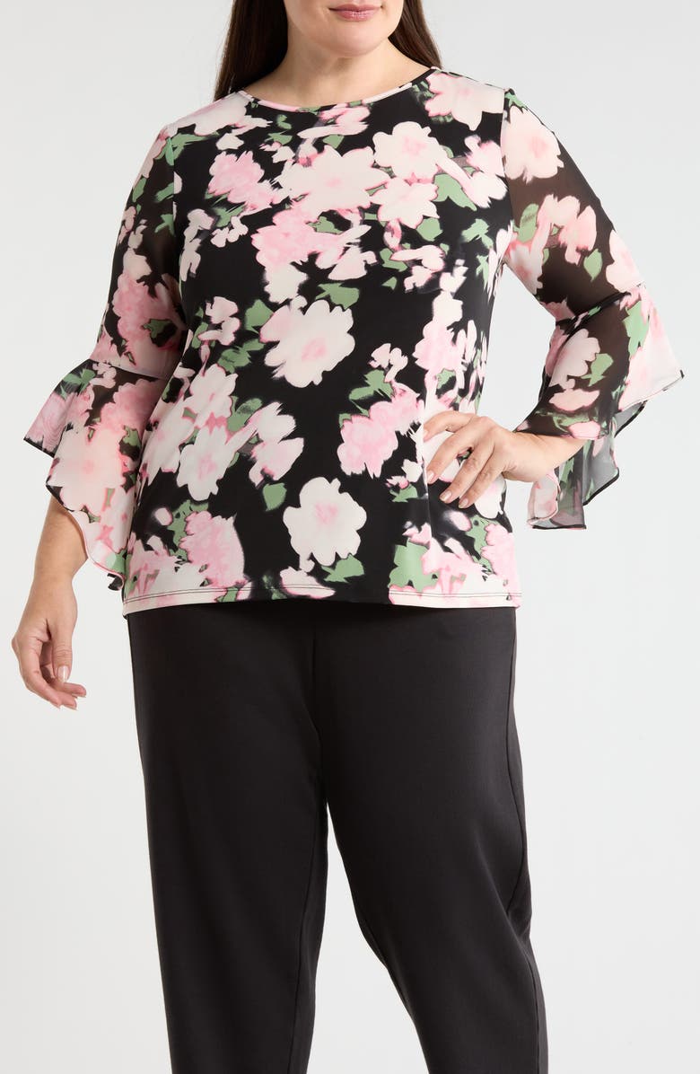 KASPER Ruffle Sleeve Top, Main, color, Black Multi